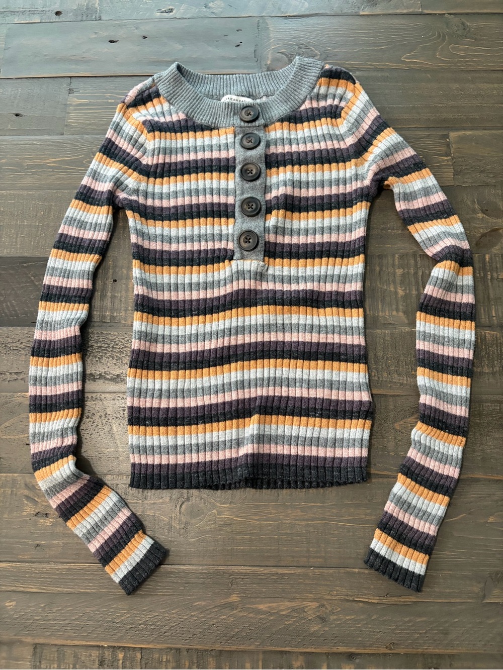 American Eagle Women’s Striped Ribbed Henley Sweater Size XS